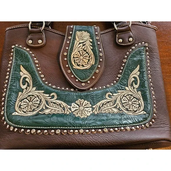 Montana West Buckle Shoulder Tote Purse Concealed Carry Rhinestones Brown Green - Picture 5 of 12